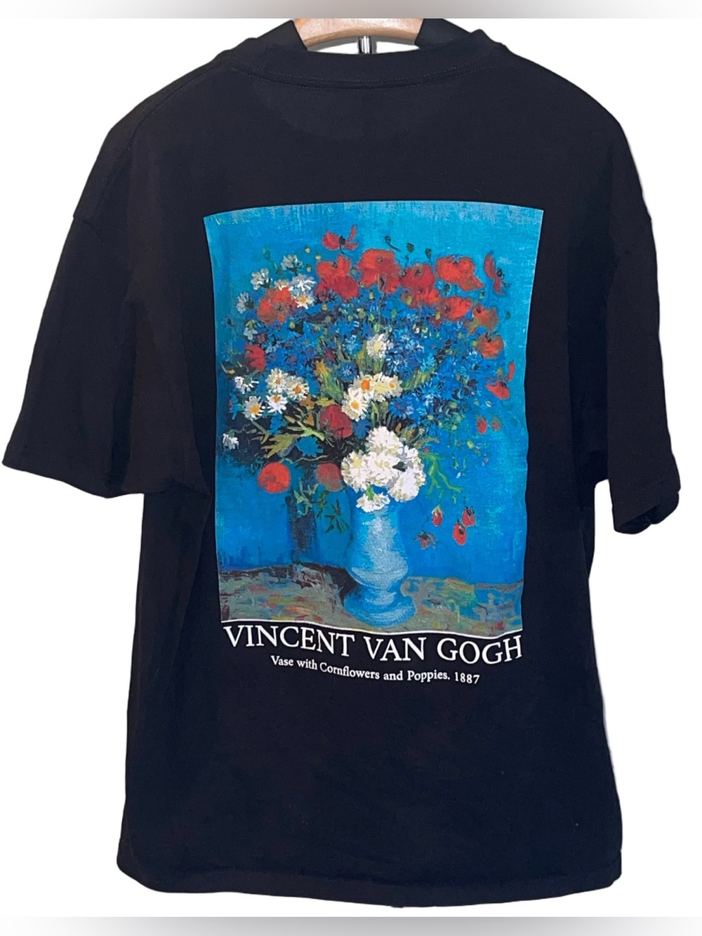 Van Gogh Black Short Sleeve Tee with Blue Floral Print